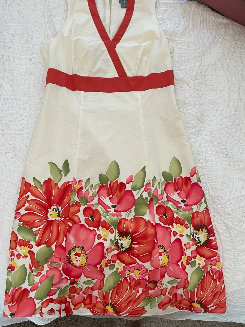 Ann Taylor White Midi Dress with Red Floral Hem and Red Trim